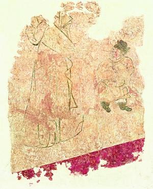 图3、唐安国相王孺人唐氏墓第一过洞东壁侍女、侏儒壁画时间:706年 尺寸:高1.57米、宽1.12米