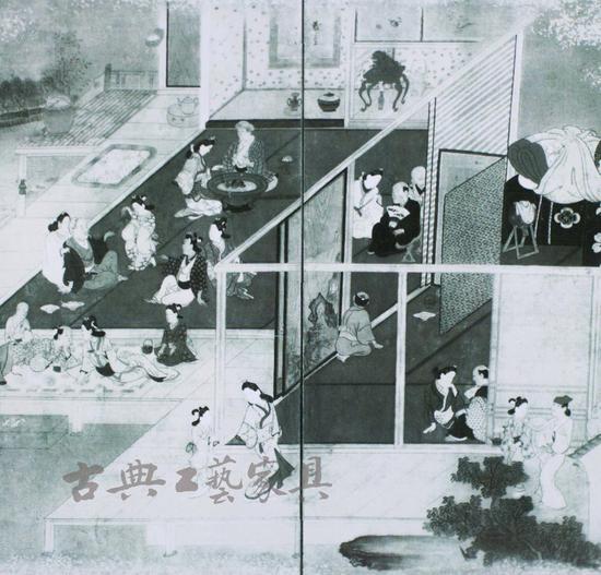 图4 菱川师宣《Gardens and Pavilions of Pleasure》局部,江户时期(1615-1867年),六扇屏面,纸本设色,纵78.1厘米,横230