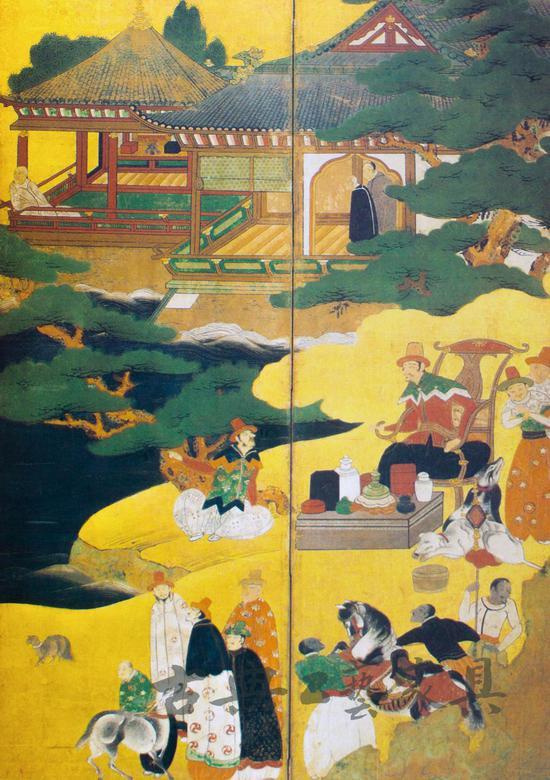 图5 日本十六世纪安土桃山时期南蛮六扇屏风中的一件 局部。纸本描金设色,高174厘米,宽332