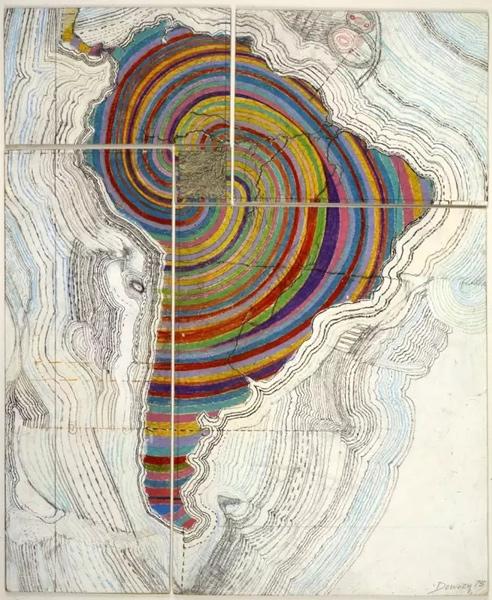 《美国地图(Map of America)》,胡安·唐尼,木板上彩色铅笔、铅笔和合成聚合物,1975年。