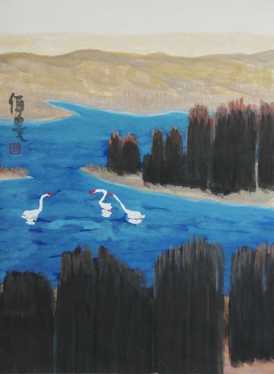 天鹅湖 46x35cm 2016年 纸本设色