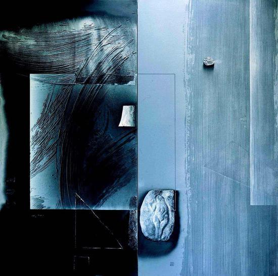 赵渭凉作品《阴阳》,229x229cm 综合材料布面 1990