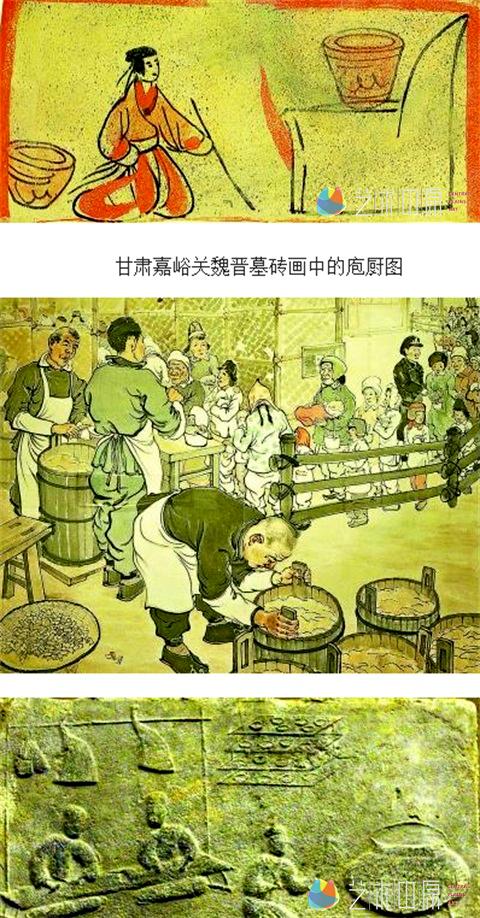 四川彭州汉代画像石中的庖厨图,右边一人正在煮汤粥