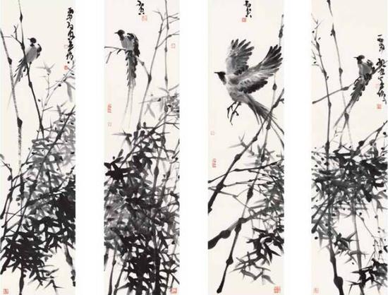 《伴竹系列》,纸本水墨,138cm×34cm,2016年