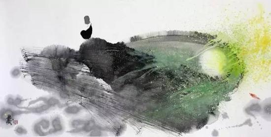 《波动随藻香》(纸本水墨,68×135cm,2014年)