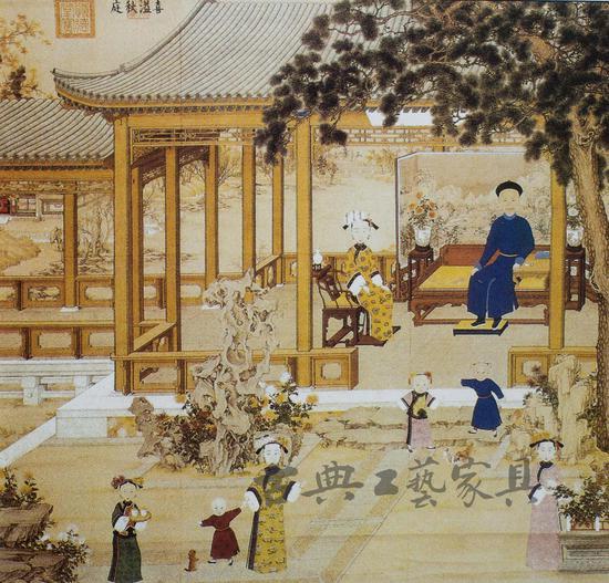 图6 《道光帝喜溢秋庭图》,清道光年间(十九世纪中叶),纸本设色,纵181厘米,横202.5厘米。画面题“喜溢秋庭”,钤“道光之宝”“慎德堂宝”印。(北京故宫博物院藏)