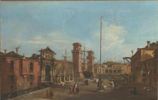 弗朗西斯科·瓜尔迪,《威尼斯:军械库》(Venice:The Arsenal)(细部),1755—1760年。布面油画,62.3厘米×96.9厘米。