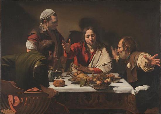米开朗基罗·梅里西·达·卡拉瓦乔,《以马忤斯的晚餐》(The Supper at Emmaus),1961年。布面蛋彩油画,141厘米×196.2厘米。