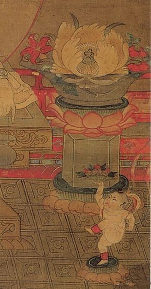 《柳枝观音像》(局部)可见玻璃器的纤影