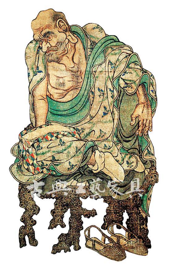 图5 南宋 佚名《十六罗汉像之三》中的树根凳,原画绢本设色,纵129厘米,横66厘米(日本高台寺藏)。