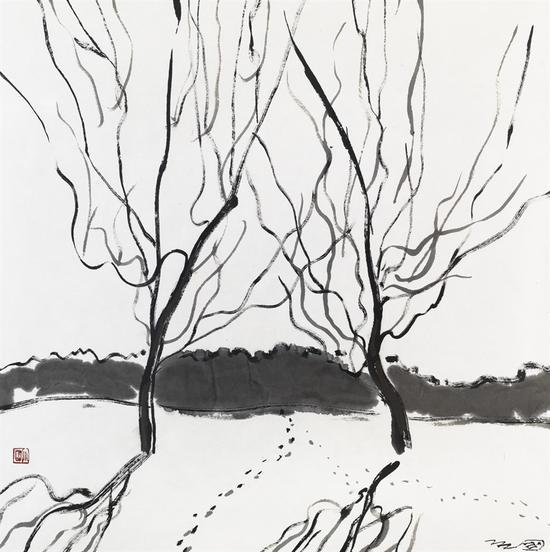 雪地上的树 宣纸水墨 90x90cm, 2004