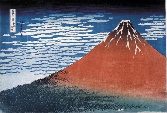 葛饰北斋(1760-1849),《凯风快晴》(赤富士),《富岳三十六景》,1831年作。彩色木板。© The Trustees of the British Museum。作品于5月25日至8月13日展出。
