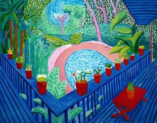 戴维·霍克尼《花园里的红色花盆》,2000年作。油彩,画布,60 x 76吋。