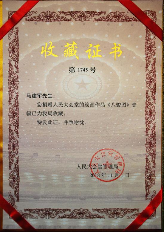 马建军《八骏图》收藏证书