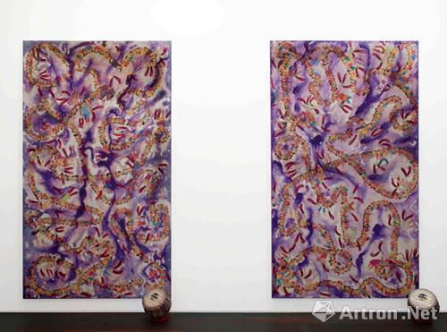 NS Harsha, Distress Call from Saturn‘s Neighborhood, 2011 (left), Distress Call from Jupiter’s Neighborhood, 2011 (right) Acrylic on canvas and gold foil on processed leather, wood (musical instrument), Each: 290 x 168 x 4 cm, 114 1/8 x 66 1/8 x 1 5/8 in