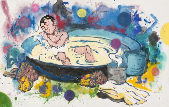 高瑀 榨取工人血汗的资本家-一锅汤 2016 纸本设色 180×280cm