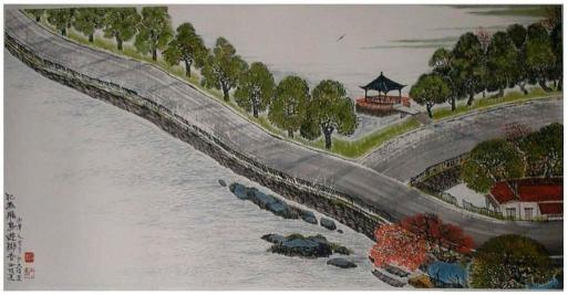 罗青,飞鸟游湖,墨彩纸本,2006年