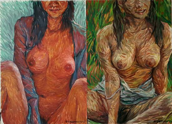 朱发东《透气系列2015-1》,2015,布面油画,146x100cmx2