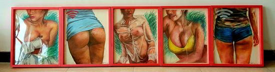 朱发东《透气系列1-17》2015,纸本色粉,17件,每件56.5x4