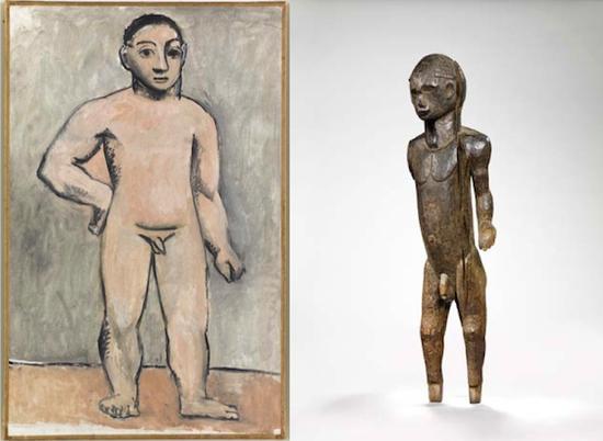毕加索《年轻男孩人体》,1906年,布上油画(左图);19世纪末20世纪初尼日利亚人形木雕(右图)