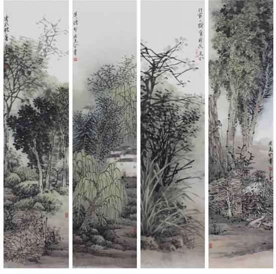 陈危冰《隐隐烟村》68×17cm×4 2016