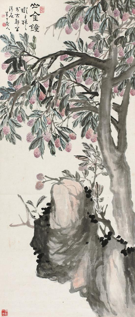 陈半丁 荔石利是图 立轴 设色纸本 109×46.5cm 成交价:37.95万元 (嘉德拍卖供图)