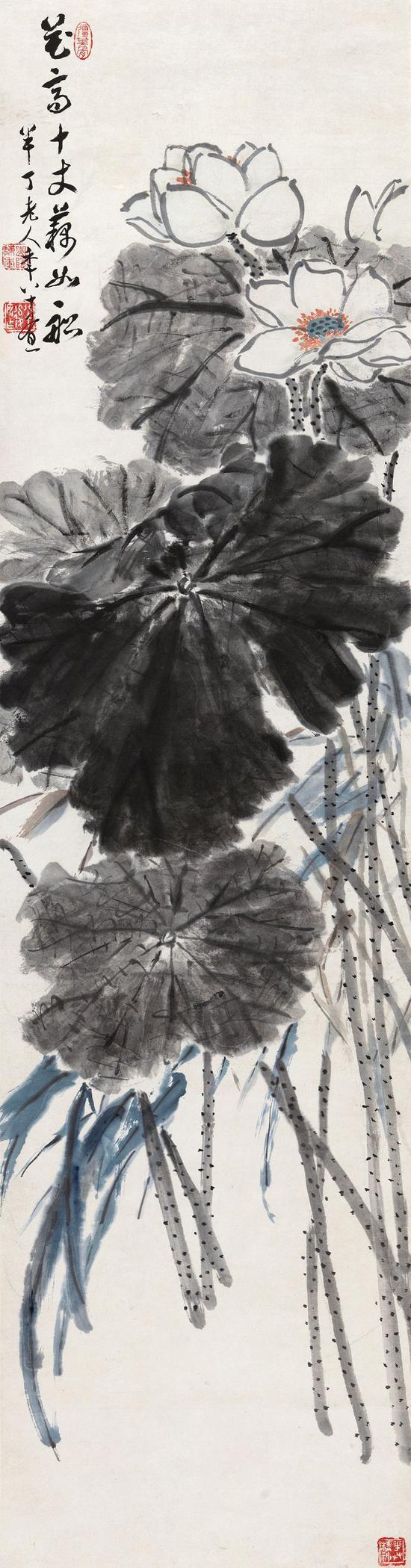 陈半丁 荷塘清幽 立轴 设色纸本 149×39cm 成交价:46万元 (嘉德拍卖供图)