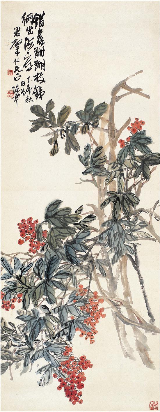 陈半丁 珊瑚枝图 立轴 设色纸本 95×37.5cm 1927年作 成交价:34.5万元(西泠拍卖供图)