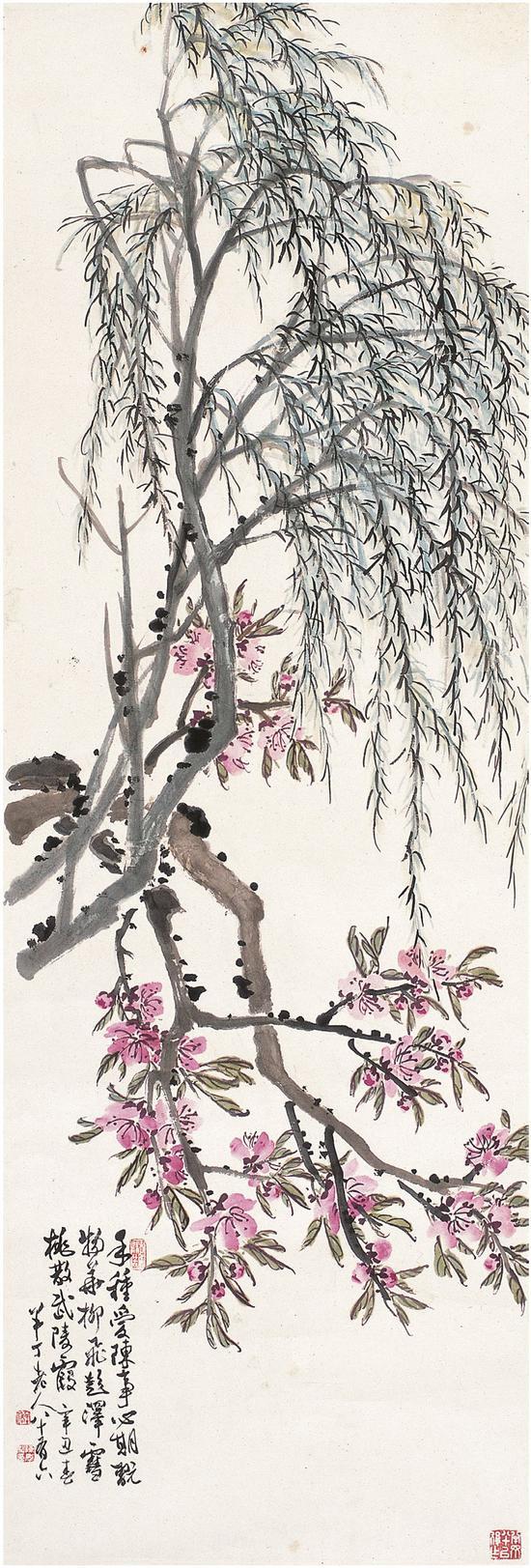 陈半丁 桃红柳绿图 立轴 设色纸本 117×40cm 1961年作 成交价:20.7万元(西泠拍卖供图)