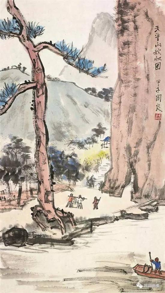 关良《天平山秋收图》,镜框,设色纸本,68×38cm
