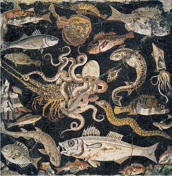 罗马艺术《海洋生物》西元前1 世纪庞贝的马赛克磁砖拼贴意大利拿坡里,国立考古博物馆