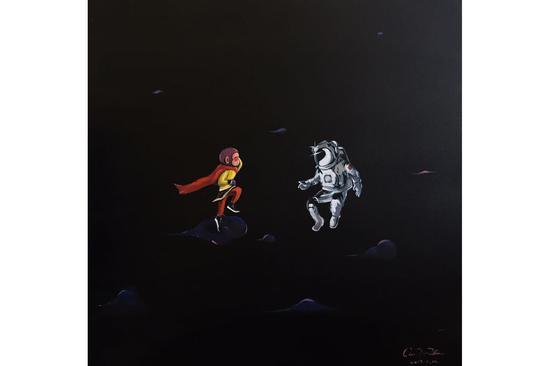 遇到宇航员 布面油画 60x60cm ,2017