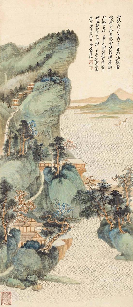张大千 山水楼阁图 纸本设色
