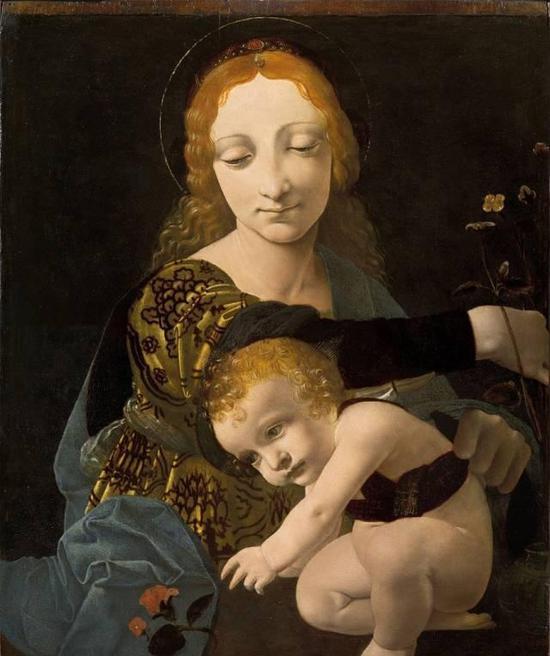 图8、鲍特拉菲奥(Giovanni Antonio Boltraffio),《玫瑰圣母》,木板油画,作于1490年前后,高45.5厘米,宽35.6厘米,现陈列于米兰保尔蒂-拍佐理博物馆(Museo Poldi Pezzoli)。