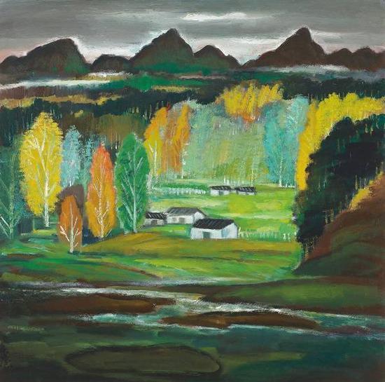 山村,林风眠,油彩画布,约1940-1950年代。来源:香港佳士得