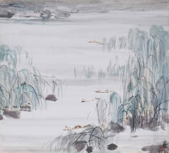 柳岸泛舟,汪亚尘,水墨纸本。来源:上海泓盛