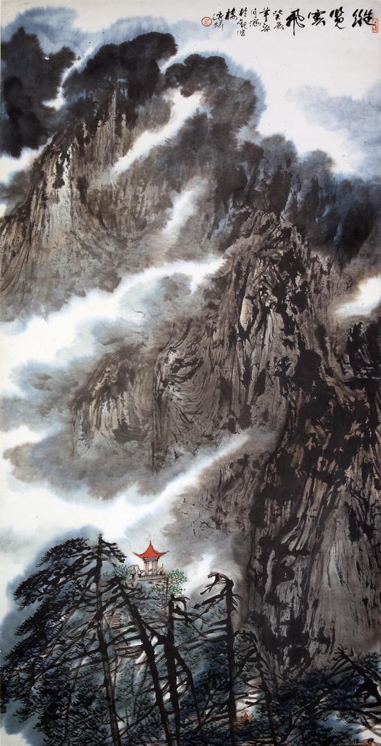 吴传麟 纵览云飞 纸本设色 137×68cm 1983