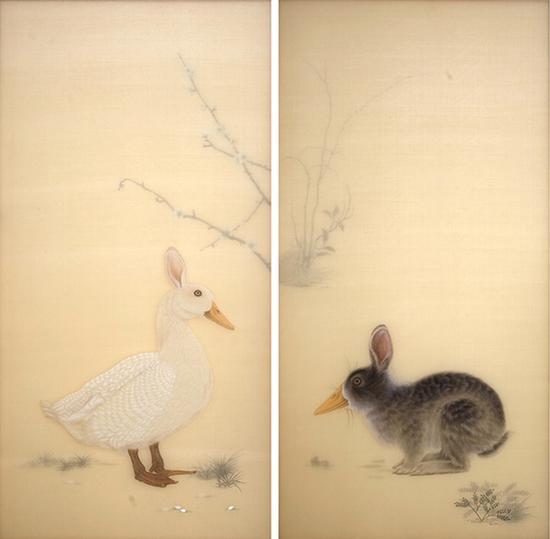 冯 峰 鸭兔图(双联画) 绢、纸、亚克力 136cm×70cm×2 2012-2013 年