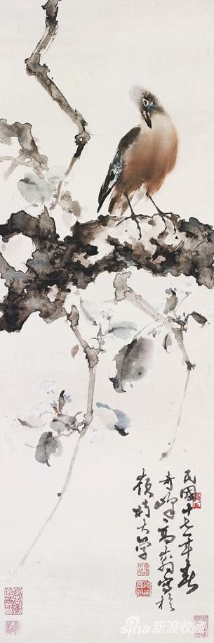 高奇峰 白头大利 设色纸本 镜框 95.5×31.5cm