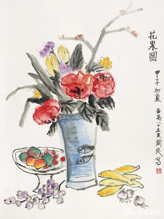关良 花果图 设色纸本 立轴 91×67cm