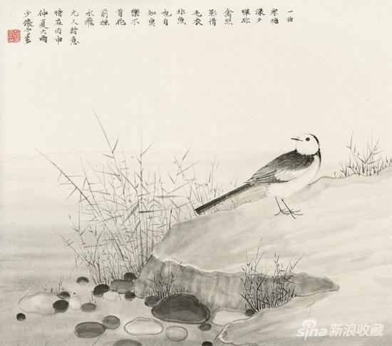 赵少俨 珍禽照影;质地:纸本水墨;尺寸:40x45厘米;年代:2016年