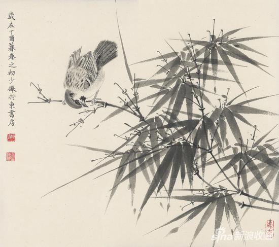 赵少俨 灵鸟飞来占好枝;质地:纸本水墨;尺寸:40x45厘米;年代:2017年