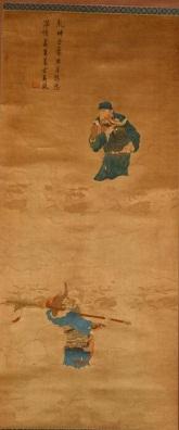 (DE6773) 明 本色暗花绫顾绣关公周仓像 126×55 “青碧斋”款,备注:香港佳士得,2009.12.01,lot1956