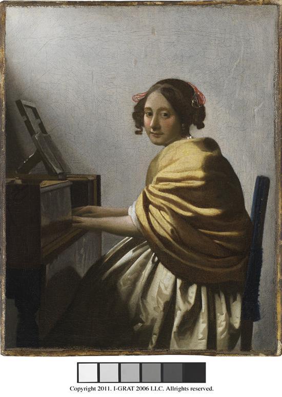 约翰内斯·维米尔(1632-1675)《坐在维金纳琴旁的少女》,1670-1672年,帆布油画,25.5 x 20.1厘米。图片由纽约莱顿收藏提供。