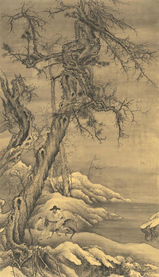 《雪山归猎》 180cm×103cm 绢本水墨 2013年