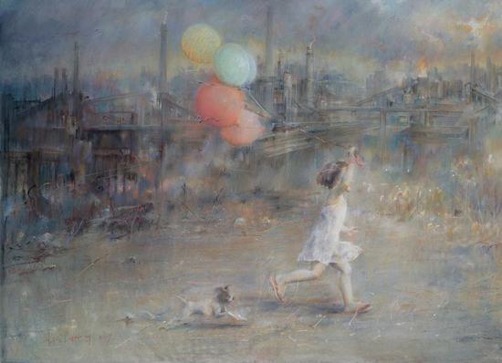 女孩与狗 作者:李强 创作年代:2009 规格:78× 110cm 品类:纸本色粉