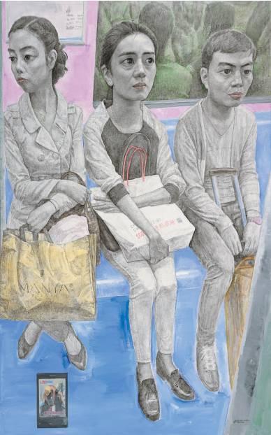 忻海洲《轻轨里1》布面丙烯,200×125cm,2014-2015