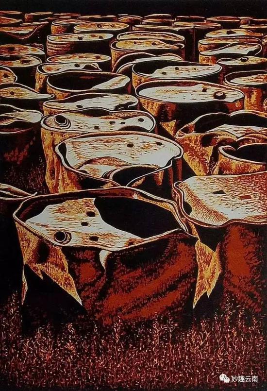 胡冰华 废弃的油桶一 45X65CM 绝版木刻 2004