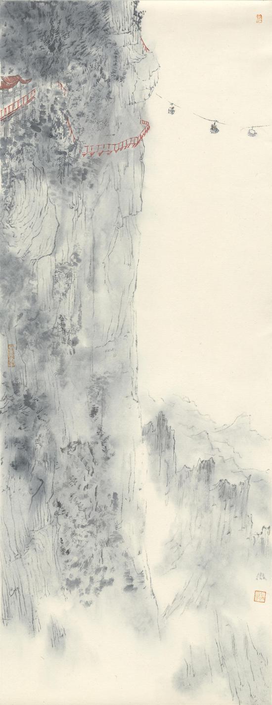 烟云上下70×28cm 纸本水墨 2017 Clouds Around Us, Lost in Mist and Cloud in Twilights, Water-ink on rice paper