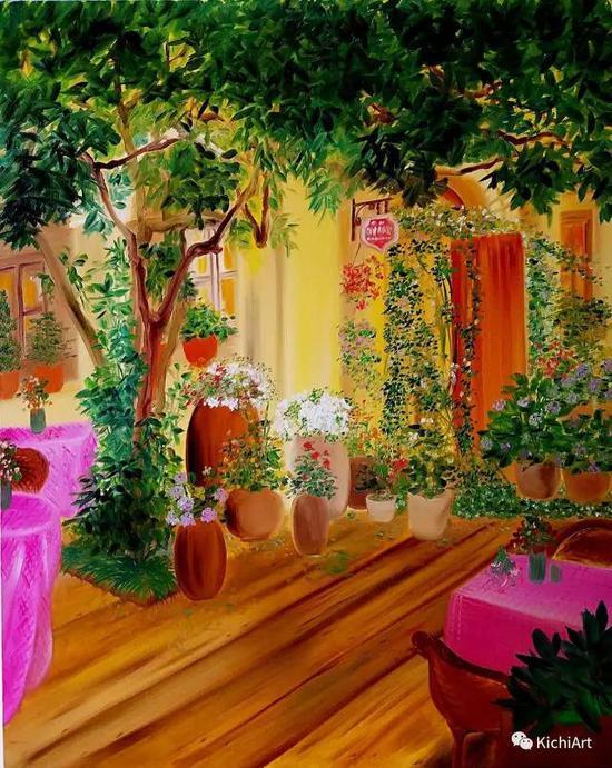 作品名称:小黄楼 作 者:Kichi Liang 材 质:布面油画 作品尺寸:80X100cm